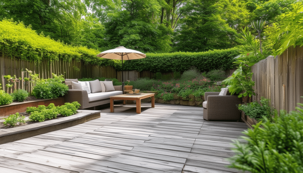 Terrasse jardin avec mobilier et parasol