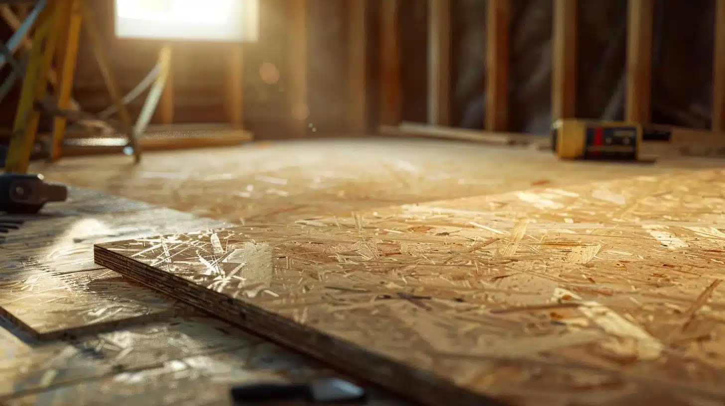 Panneau OSB dans chantier ensoleillé.