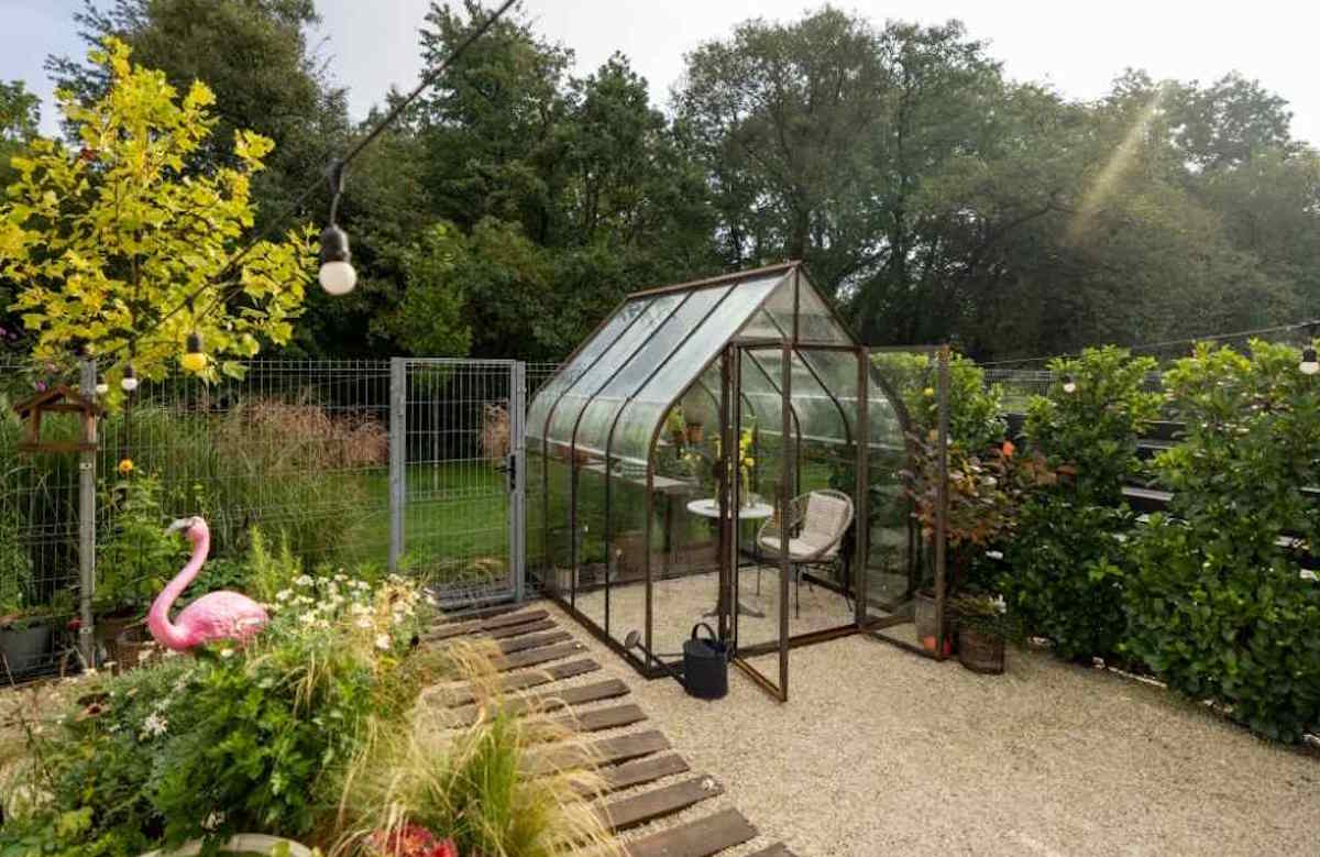 petite serre en verre dans un petit jardin