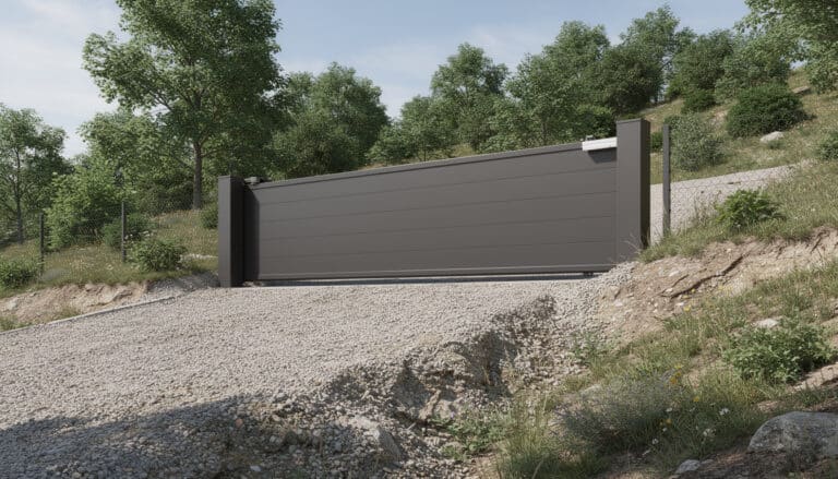 découvrez les avantages d'un portail coulissant sans rail au sol, idéal pour les terrains en pente ou avec des graviers, offrant une installation facile et un fonctionnement sans obstruction.