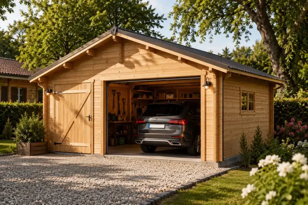 garage bois esthétique pour protéger une voiture devant une maison